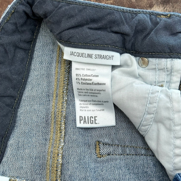 PAIGE Jacqueline Straight Jeans Blue 25 High Rise Raw Hem Stretch Denim USA - Picture 11 of 11